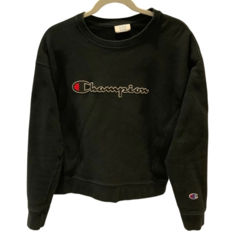 CHAMPION REVERSE WEAVE CREW, VINTAGE SCRIPT LOGO WOMENS MEDIUM  BLACK